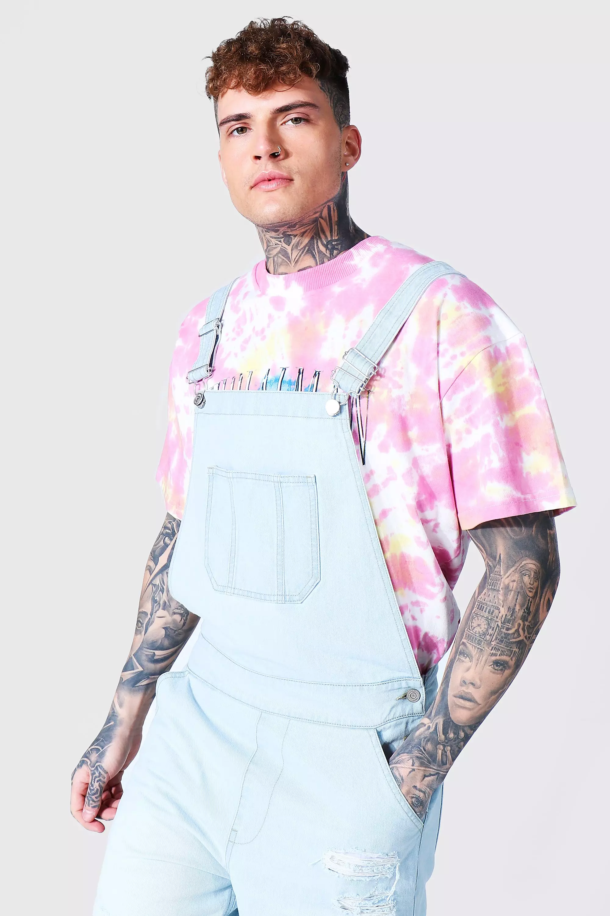 Ice blue Relaxed Fit Short Dungaree With Frayed Hem alternative image