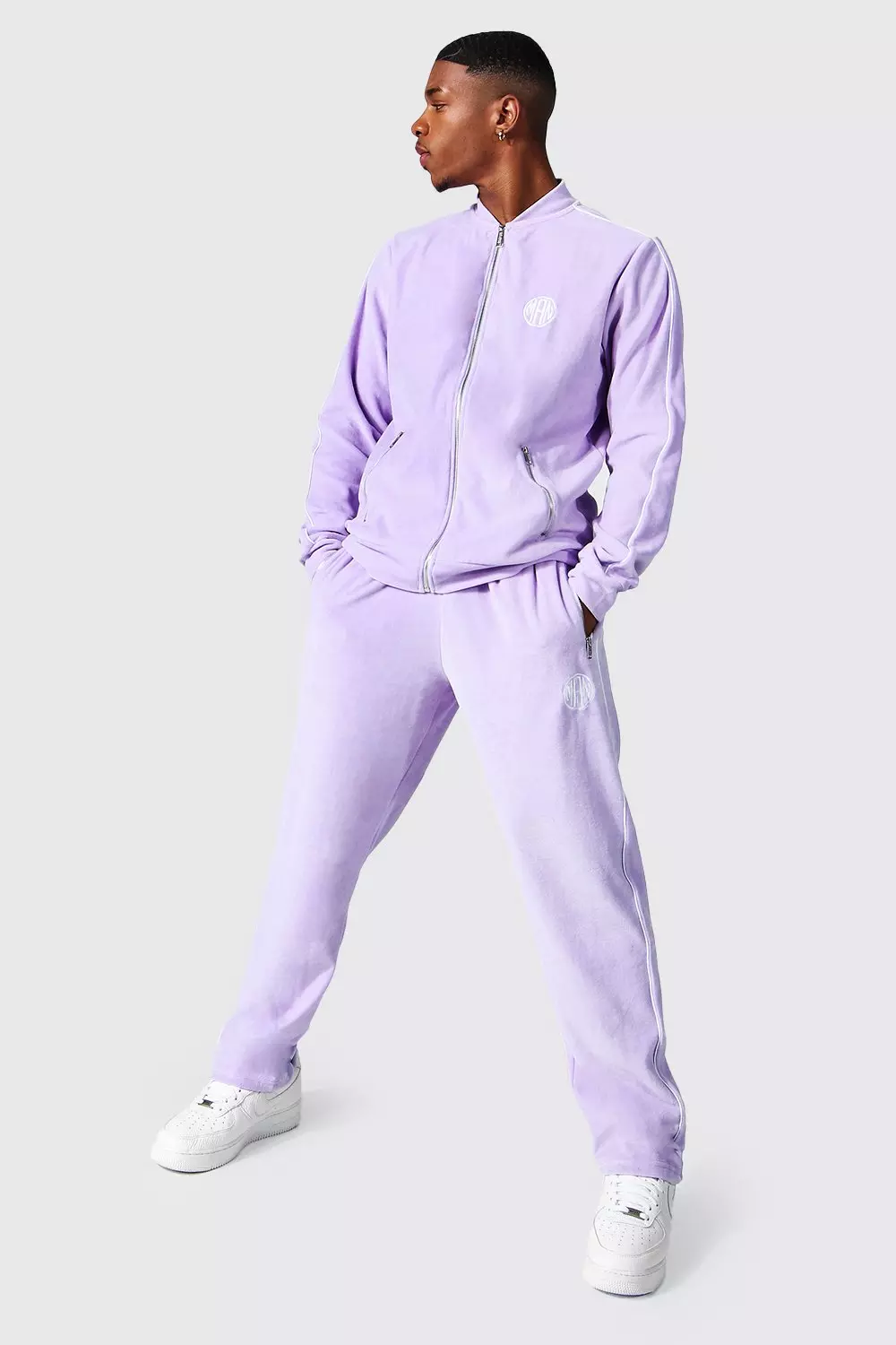 Man Velour Bomber Tracksuit With Piping boohooMAN USA