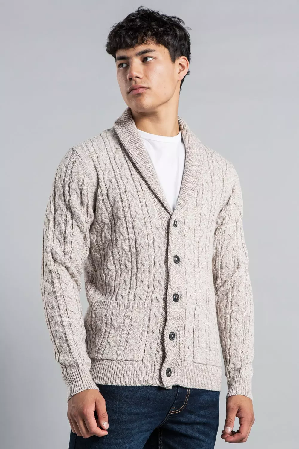Natural Shawl Neck Cable Knit Cardigan alternative image