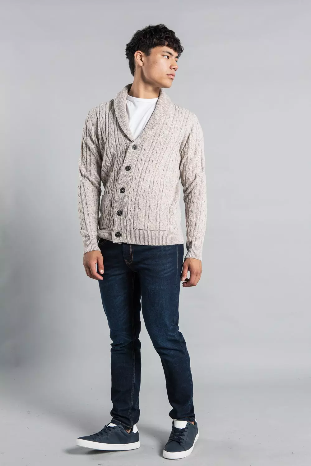 Natural Shawl Neck Cable Knit Cardigan alternative image