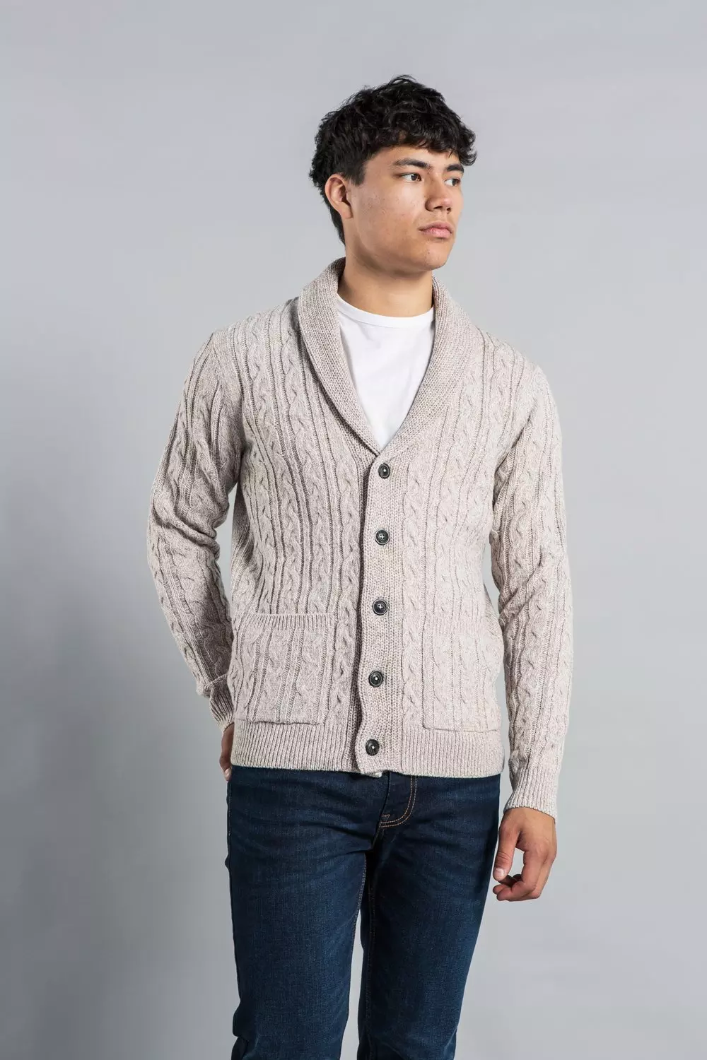Natural Shawl Neck Cable Knit Cardigan alternative image