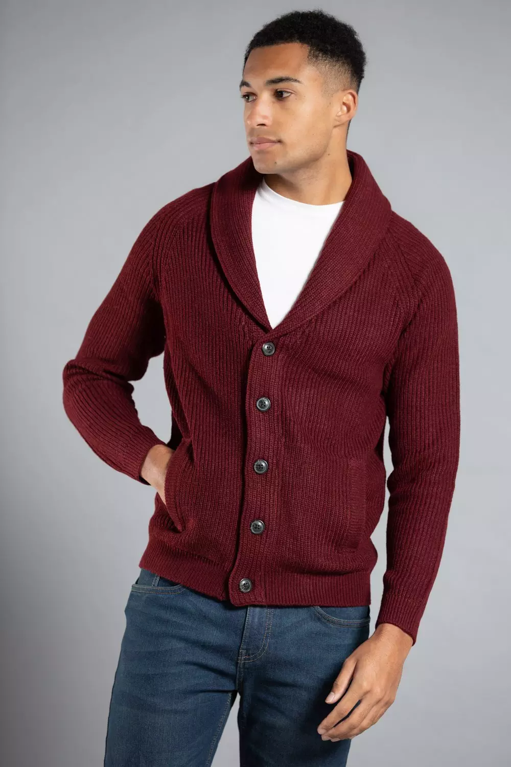 Wine Shawl Neck Ribbed Cardigan alternative image