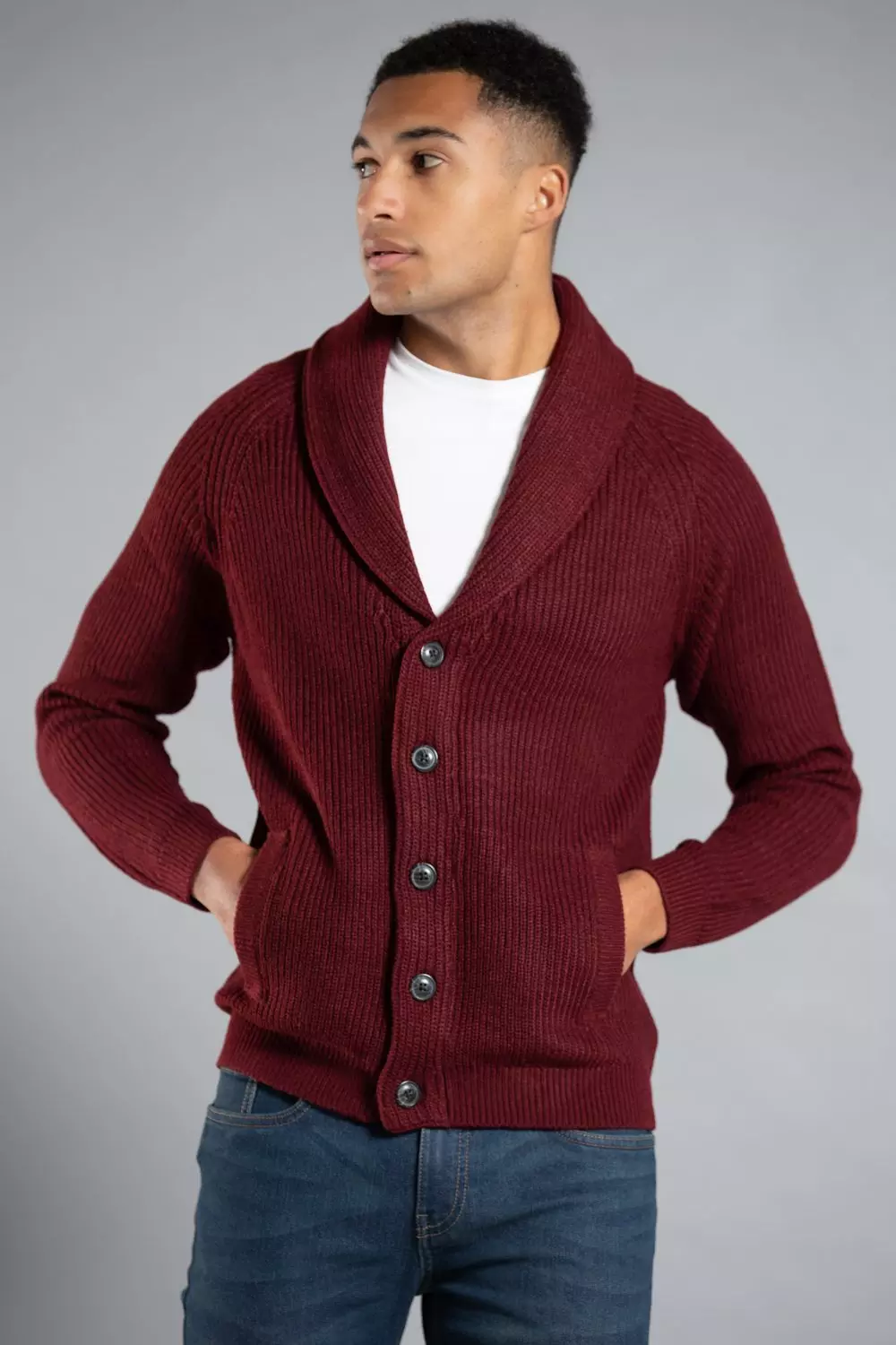Wine Shawl Neck Ribbed Cardigan alternative image