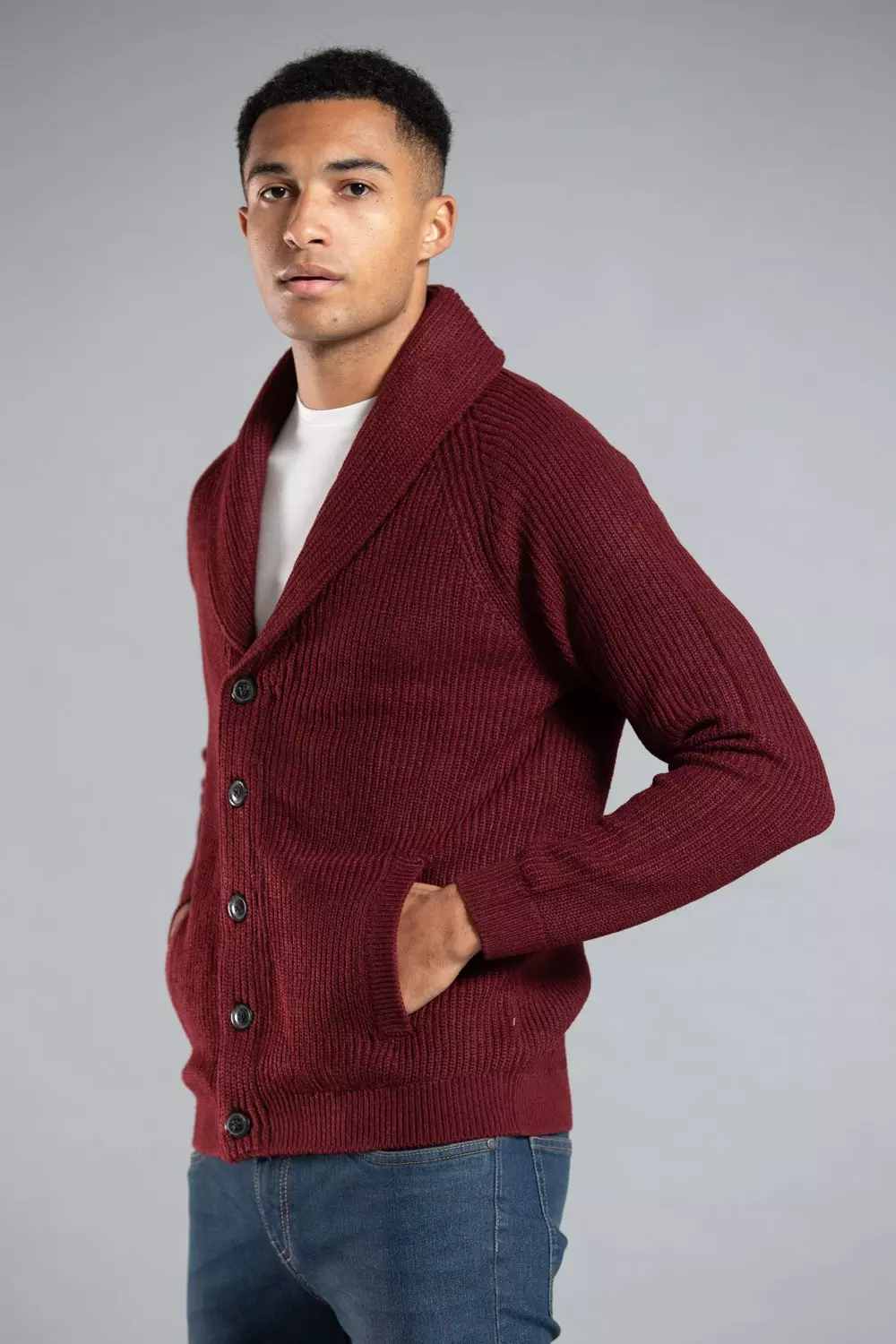 Wine Shawl Neck Ribbed Cardigan alternative image