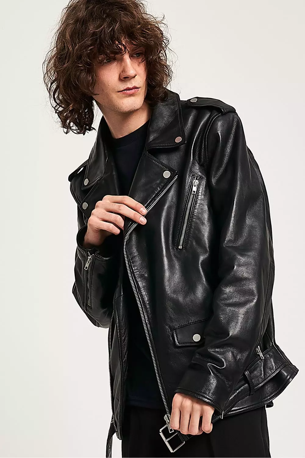 Barneys Originals Real Leather Biker Jacket with Belt | boohooMAN UK