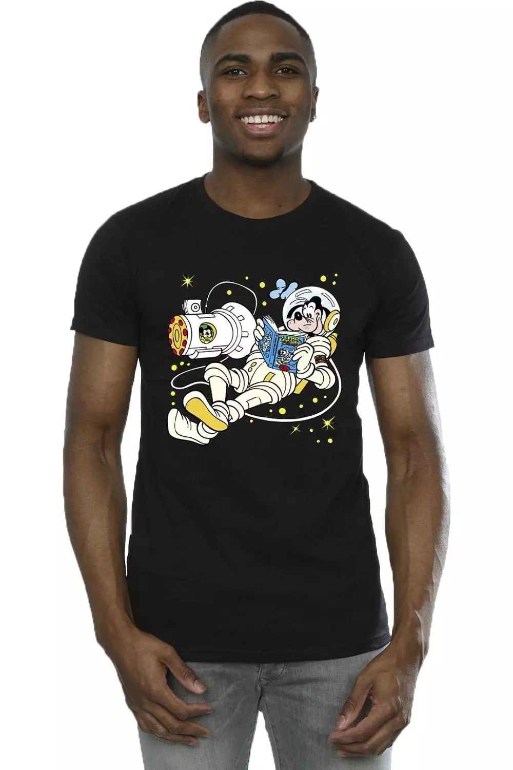 Black Goofy Reading In Space T-Shirt alternative image
