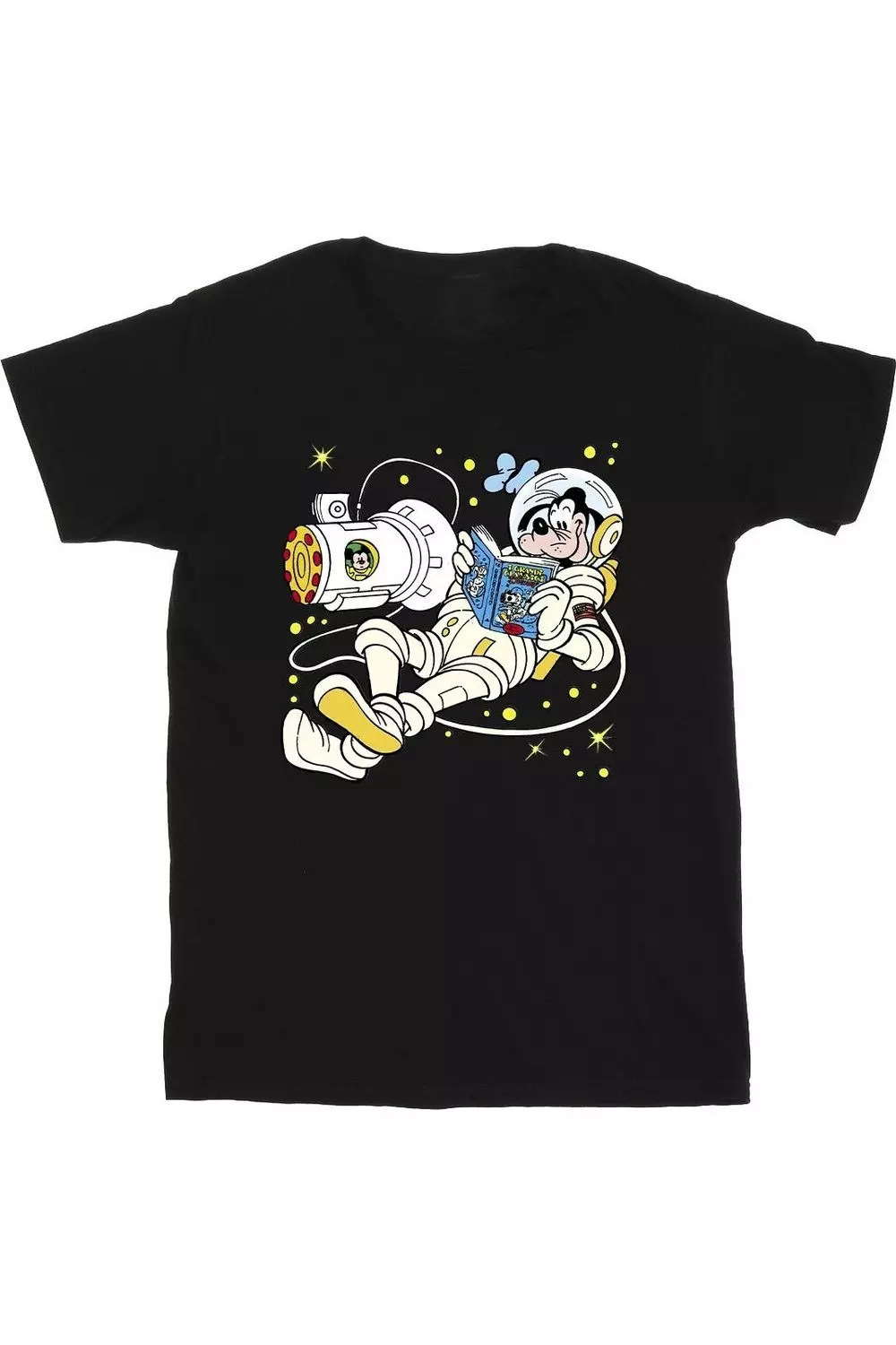 Black Goofy Reading In Space T-Shirt alternative image