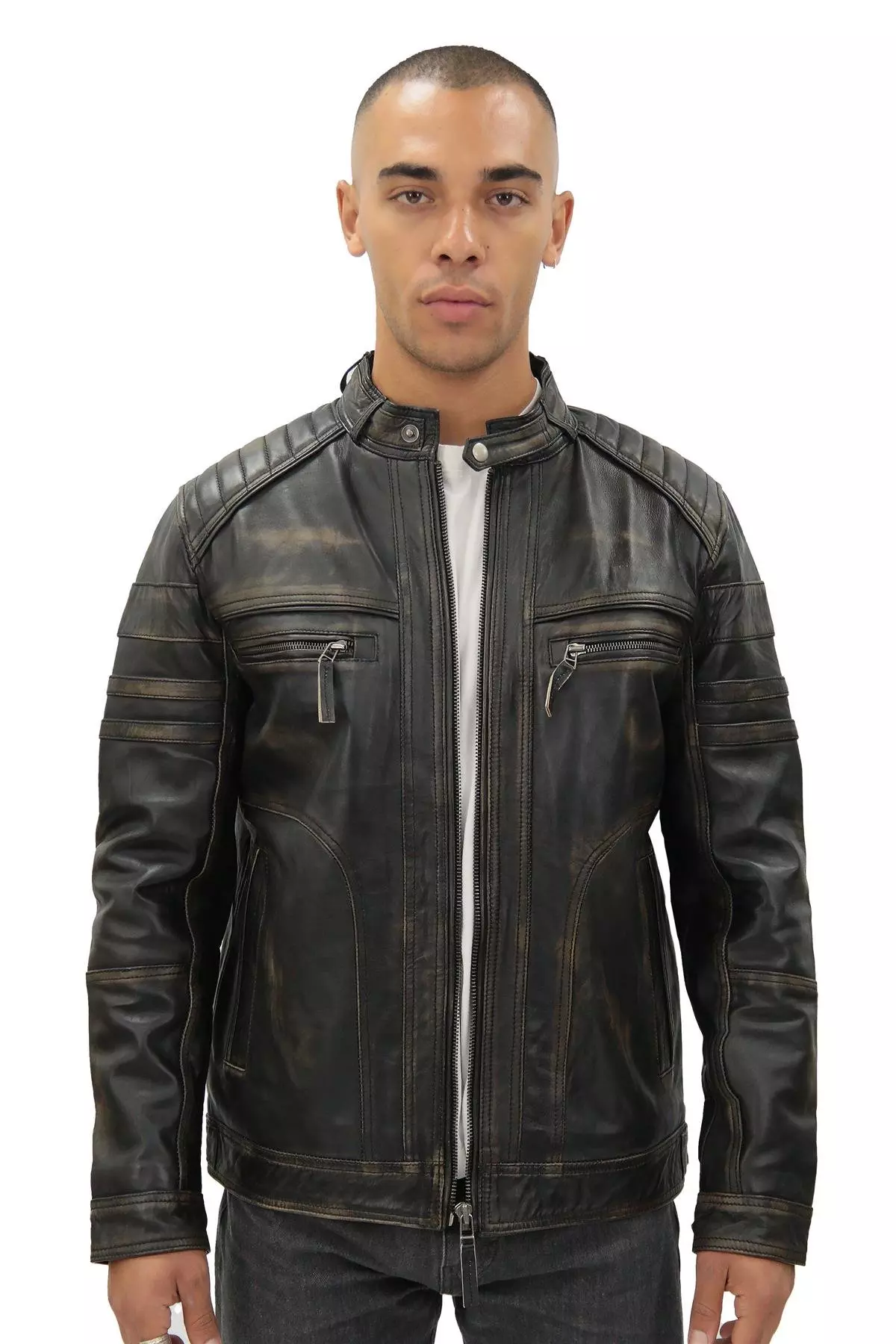 True black Leather Biker Jacket-Naples alternative image
